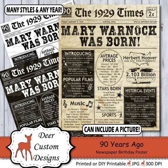 90th Birthday Poster | 90th Anniversary Poster | Newspaper Poster | 90 Years Ago | Birthday Sign | Anniversary Sign | Birthday Gift | 1929 Il_570xn