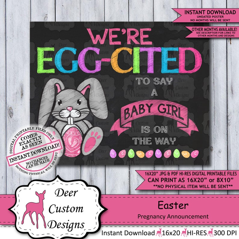 Easter Pregnancy Announcement Photo Prop Pregnancy Poster Baby Reveal Easter Pregnancy Sign Baby Girl Expecting Undated image 1