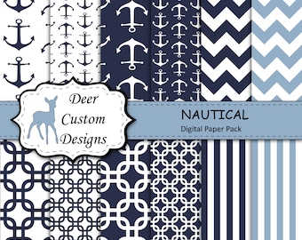 Maritime Liz und Roo inspirierte digitale Papierpackung | 12 digitale Scrapbook Papiere | Sofort Download | Kommerzielle Nutzung | Anker Streifen Chevron