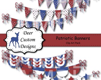 Patriotic Banners Digital Clipart Pack | 12 Patriotic Bunting Banners PNG Clip Art | Commercial Use | Memorial Day July 4th July Fourth