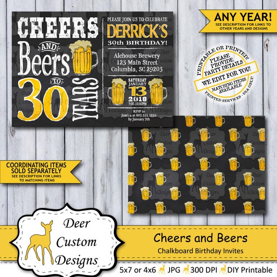 Cheers and Beers to 30 Years | 30th Birthday Invite | Cheers to 30 | Cheers Birthday | Chalkboard Birthday Invite | Beer Party | Man's Party Il_570xn