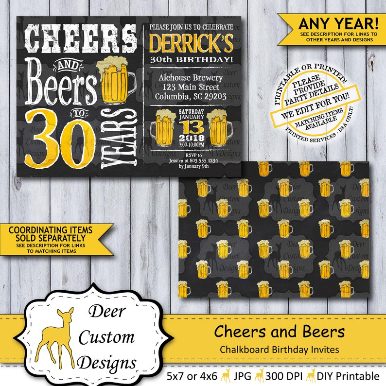 Cheers and Beers 30 Years 30th Birthday Poster Cheers to 30 Cheers Birthday Chalkboard Birthday Poster Beer Sign Man's Birthday image 3