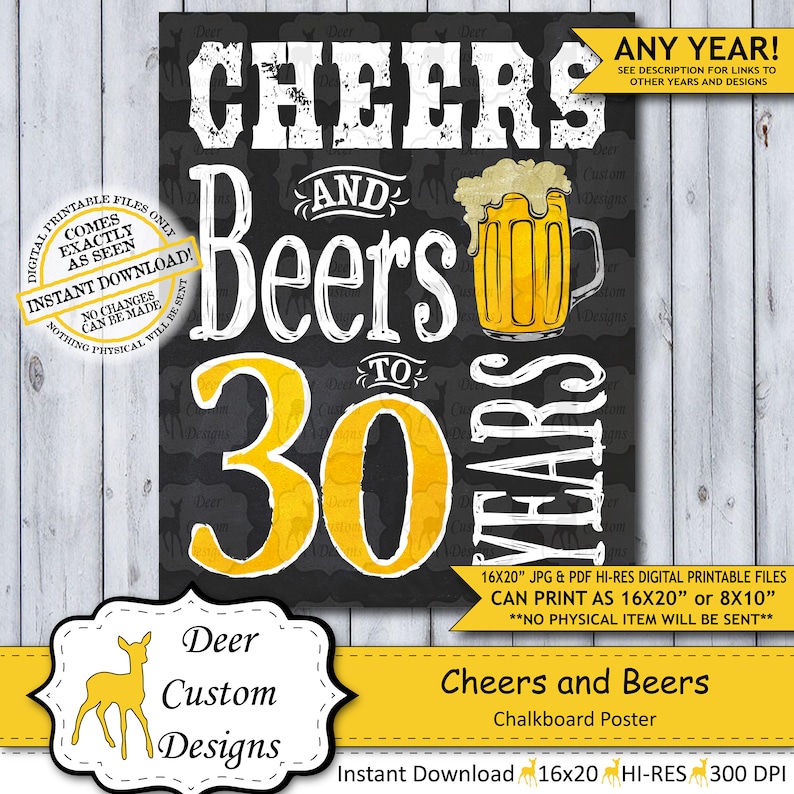 Cheers and Beers 30 Years 30th Birthday Poster Cheers to 30 Cheers Birthday Chalkboard Birthday Poster Beer Sign Man's Birthday image 1