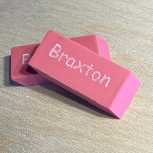 2 Pack Personalized Engraved Pink Erasers for Back to School Elementary Kindergarten Student or Teacher Gift | Laser Engraved Neon Erasers