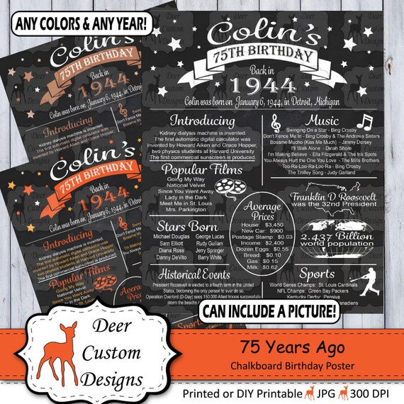 75th Birthday Poster | 75 Years Ago Birthday Sign | Born in 1944 Birthday Gift | Year You Were Born Chalkboard Poster | Printable or Printed Il_570xn