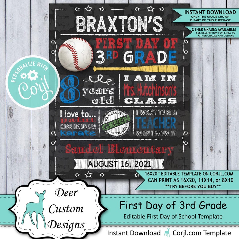 Back to School Sign Editable Template Baseball First Day 3rd Grade Printable Chalkboard Poster Corjl Instant Download Template Third image 1
