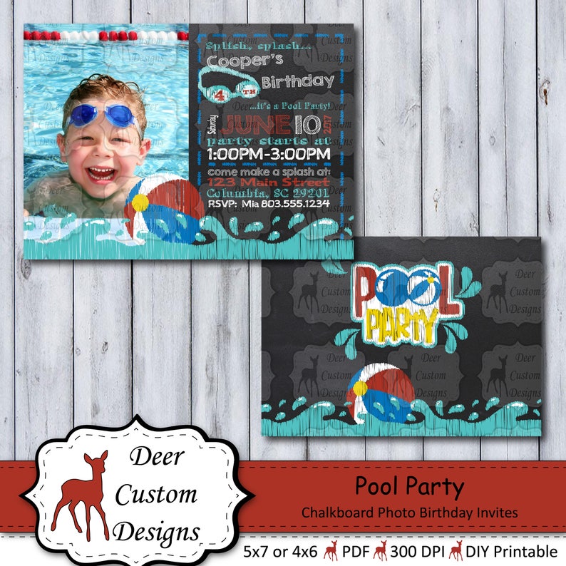 Pool Party Invitation Photo Pool Party Birthday Invite Pool Party Bash Photo Chalkboard Swimming Party Any Age Splash Pad Party image 1