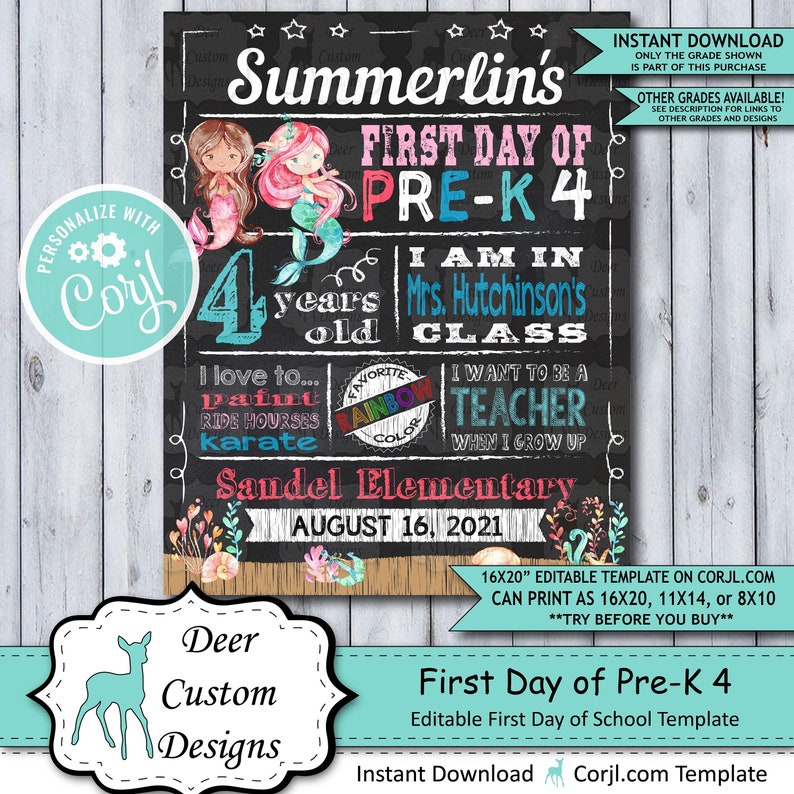 Back to School Sign Editable Template Mermaid First Day of Preschool Pre-K 4 Printable Chalkboard Poster Corjl Instant Download Template image 1