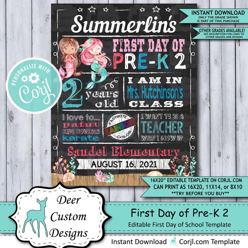 Back to School Sign Editable Template Mermaid First Day of Preschool Pre-K 2 Printable Chalkboard Poster Corjl Instant Download Template image 1