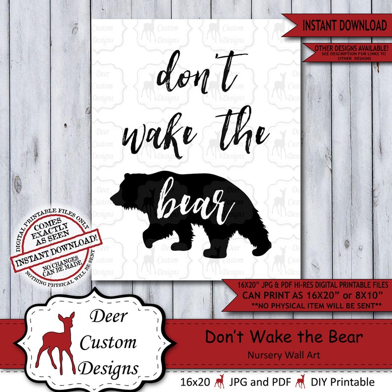 Don't Wake the Bear Lumberjack Nursery Wall Art Poster Instant Download Bear Rustic Woodland Wilderness Plaid Sign for a Boy Nursery image 1