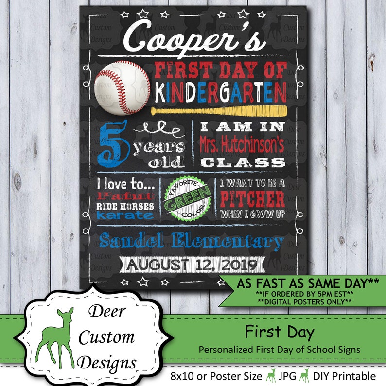 Back to School Sign First Day School Sign Printable or Printed Chalkboard First Day Poster First Day of Kindergarten Any Grade Baseball