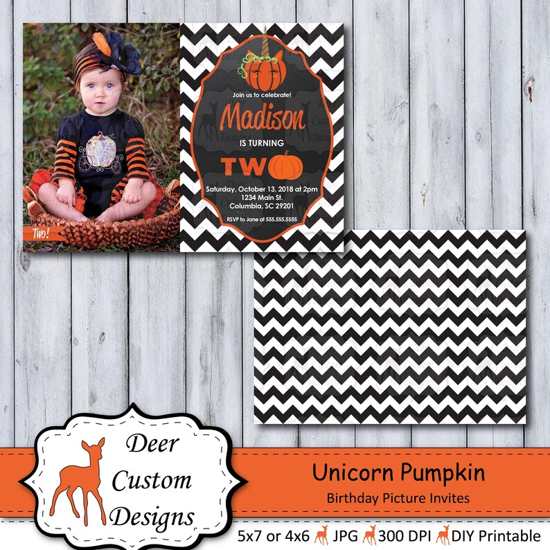 Unicorn Pumpkin Birthday Invitations Fall Second Birthday Photo Invite Halloween 2nd Birthday Unicorn Pumpkin Party Invitation Any Age image 1