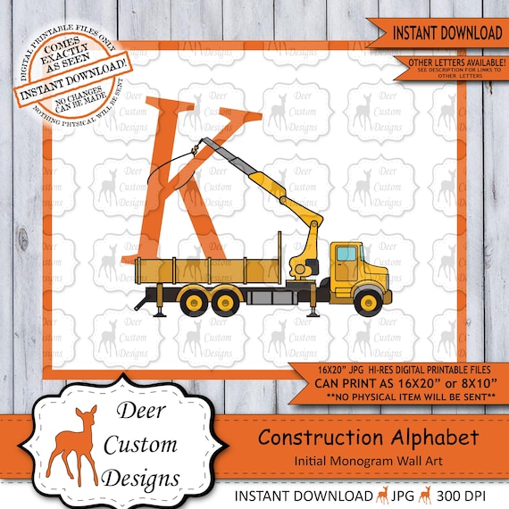 Letter K Print, Construction Vehicles Alphabet Printable Nursery Art Decor, Boys Monogram, Boy Name Baby Shower Gift, Instant Download Il_570xn