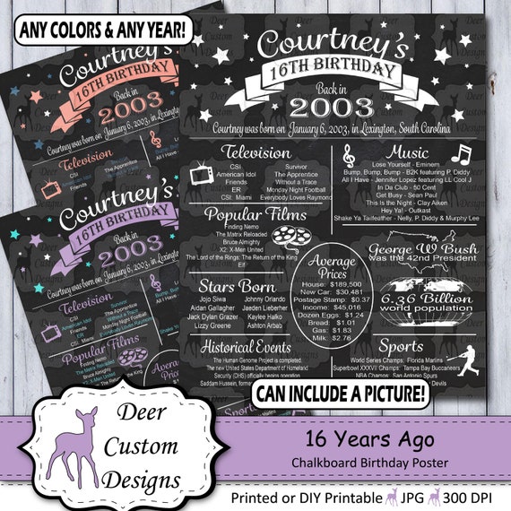16th Birthday Poster | 16 Years Ago Birthday Sign | Born in 2003 Birthday Gift | Year You Were Born Chalkboard Poster | Printable or Printed Il_570xn