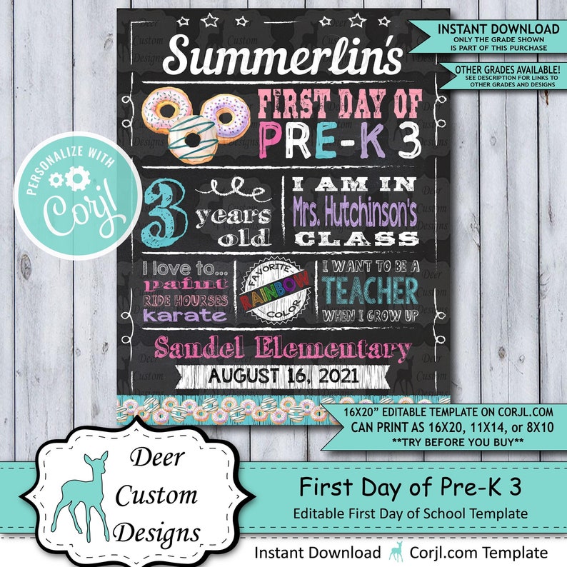 Back to School Sign Editable Template Donuts First Day of Preschool Pre-K 3 Printable Chalkboard Poster Corjl Instant Download Template image 1