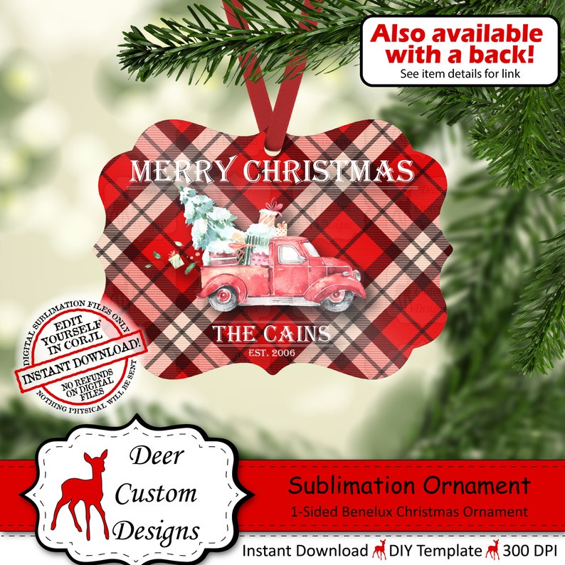 Christmas Red Truck Ornament Sublimation Template, Editable Plaid Family Name Date Benelux Ornament Design, Red Christmas Truck with Tree image 1