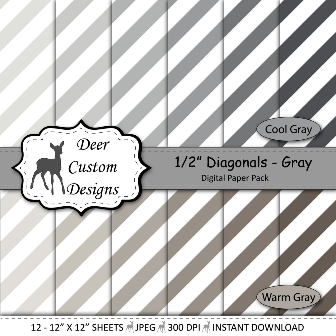 Gray Diagonal Stripes Digital Paper Pack: 1/2" Scrapbook Paper (instant ...