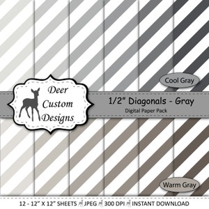 1/2" Diagonale Streifen Digitalpapier Pack | 12 warme und kühle graue Diagonalstreifen Scrapbook Papier | Sofort-Download