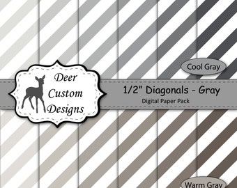 1/2" Diagonal Stripes Digital Paper Pack | 12 Warm and Cool Gray Diagonal Stripes Scrapbook Paper | Instant Download