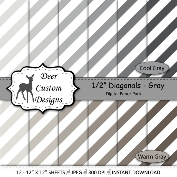 1/2" Diagonal Stripes Digital Paper Pack | 12 Warm and Cool Gray Diagonal Stripes Scrapbook Paper | Instant Download