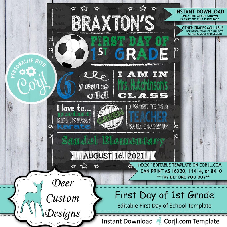 Back to School Sign Editable Template  Soccer First Day of image 1