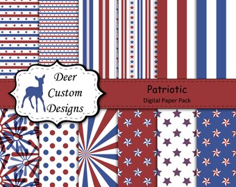 Patriotic Digital Paper Pack | 12 Patriotic Digital Scrapbook Papers | Commercial Use | Memorial Day July 4th July Fourth