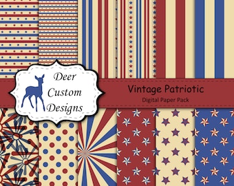 Vintage Patriotic Digital Paper Pack | 12 Patriotic Digital Scrapbook Papers | Commercial Use | Memorial Day July 4th July Fourth