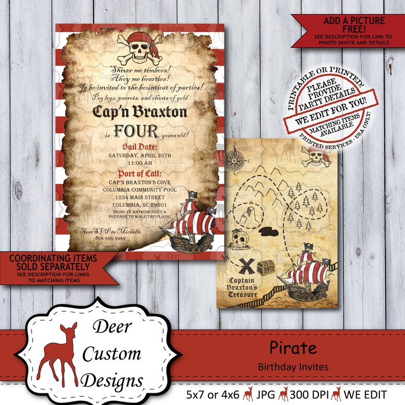 Pirate Birthday Invitation Ahoy Matey Pirate Birthday Invite Any Age Pirate Pool Party Printed or Printable Skull Treasure Map image 2