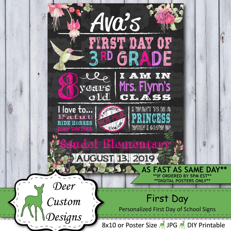 Back to School Sign First Day School Sign Printable or Printed Chalkboard First Day Poster First Day of Kindergarten Any Grade Flowers