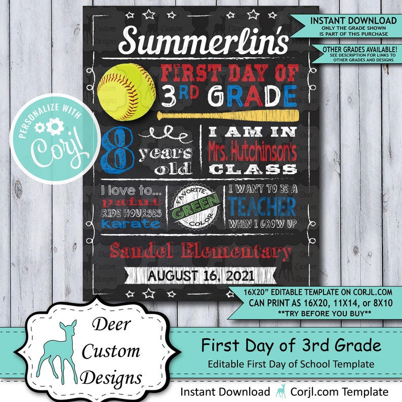 Back to School Sign Editable Template Softball First Day 3rd Grade Printable Chalkboard Poster Corjl Instant Download Template Third image 1