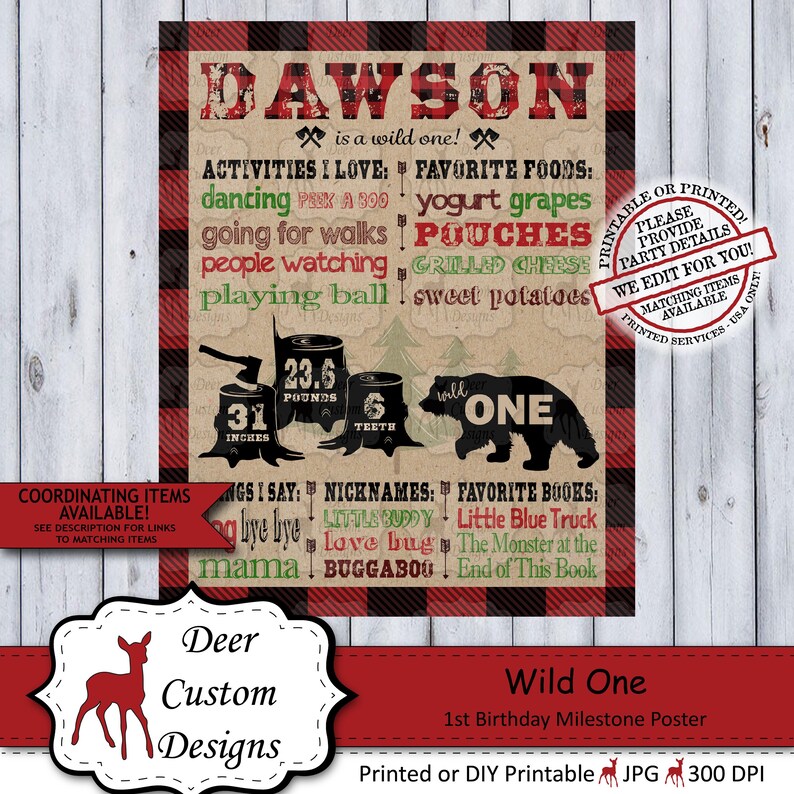 Wild One Lumberjack 1st Birthday Milestone Poster Rustic Wilderness Plaid Flannel First Birthday Sign for a Boy Printable or Printed image 1