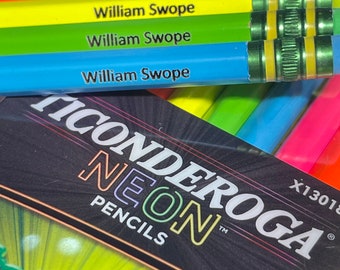 Personalized Engraved Neon Ticonderoga #2 Pencils for Back to School Teacher or Kindergarten Pre-K Gift | Elementary Retro Fun Pencil