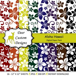 Può includere: Un pacchetto di carta digitale con 16 fogli di motivi floreali di 30,5 cm x 30,5 cm in vari colori, tra cui rosso, giallo, verde, blu e marrone. Il testo "Aloha Hawaii" e "Digital Paper Pack" è visualizzato sull'immagine.