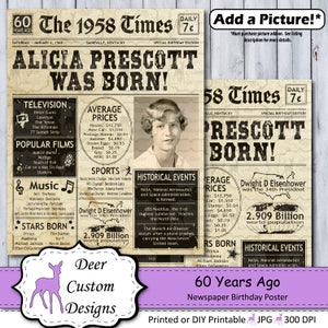 60th Birthday Poster 60th Anniversary Poster Newspaper Poster 60 Years Ago Birthday Sign Anniversary Sign Birthday Gift 1958 image 2