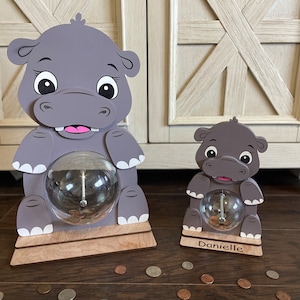 Hippo Ball Bank Piggy Bank | Wood Coin Bank with Clear Ball for Belly | Fun Animal Bank Table Top Decor | Kid Birthday or Baby Shower Gift