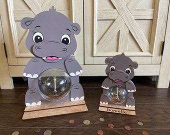 Hippo Ball Bank Piggy Bank | Wood Coin Bank with Clear Ball for Belly | Fun Animal Bank Table Top Decor | Kid Birthday or Baby Shower Gift