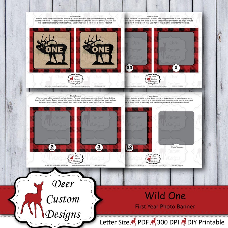 Wild One 1st Birthday Photo Banner Rustic Woodland Plaid Flannel Boy First Birthday Banner Lumberjack Monthly Milestone Banner Printable image 1