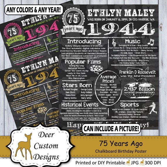 75th Birthday Poster | 75 Years Ago Birthday Sign | Born in 1944 Birthday Gift | Year You Were Born Chalkboard Poster | Printable or Printed Il_570xn