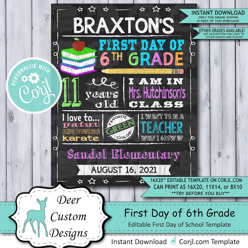 Back to School Sign Editable Template Books First Day of 6th Grade Printable Chalkboard Poster Corjl Instant Download Template Sixth image 1