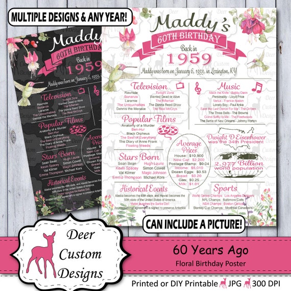 60th Birthday Poster, Floral 60th Anniversary Poster, 60 Years Ago Chalkboard Poster Birthday Sign, Year You Were Born Poster, Born in 1959 Il_570xn