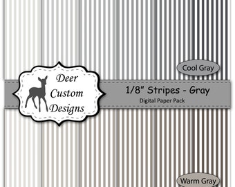 1/8" Stripes Digital Paper Pack | Pack of 12 Warm and Cool Gray Striped Scrapbook Paper | Instant Download | Commercial Use