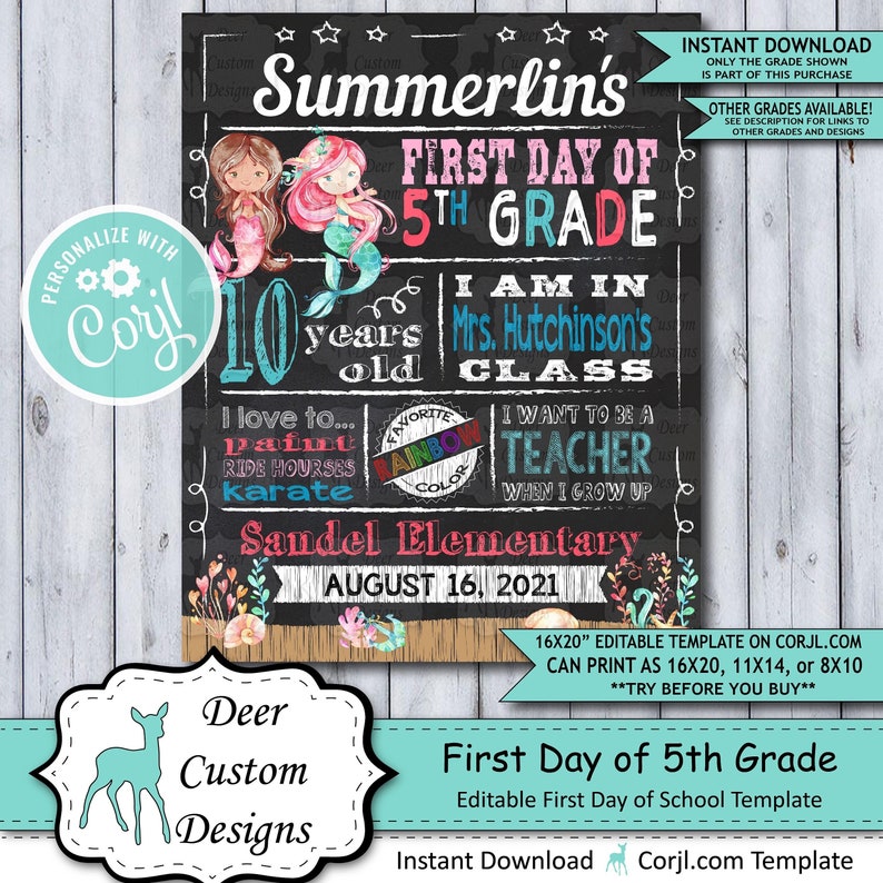 Back to School Sign Editable Template Mermaids First Day 5th Grade Printable Chalkboard Poster Corjl Instant Download Template Fifth image 1