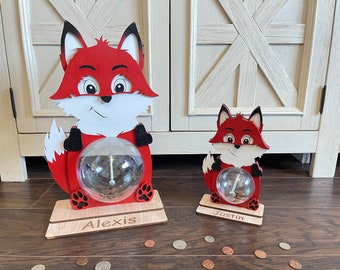 Fox Ball Bank Piggy Bank | Wood Coin Bank with Clear Ball for Belly | Fun Animal Bank Table Top Decor | Kid Birthday or Baby Shower Gift