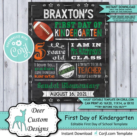 Back to School Sign Editable Template | Football First Day of Kindergarten Printable Chalkboard Poster | Corjl Instant Download Template Il_570xn