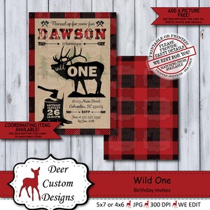 Wild One Lumberjack 1st Birthday Invitation Rustic Woodland Plaid Flannel First Birthday Invite for a Boy Printable or Printed image 4