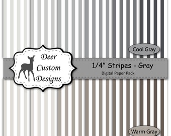 1/4" Stripes Digital Paper Pack | Pack of 12 Warm and Cool Gray Striped Scrapbook Paper | Instant Download | Commercial Use
