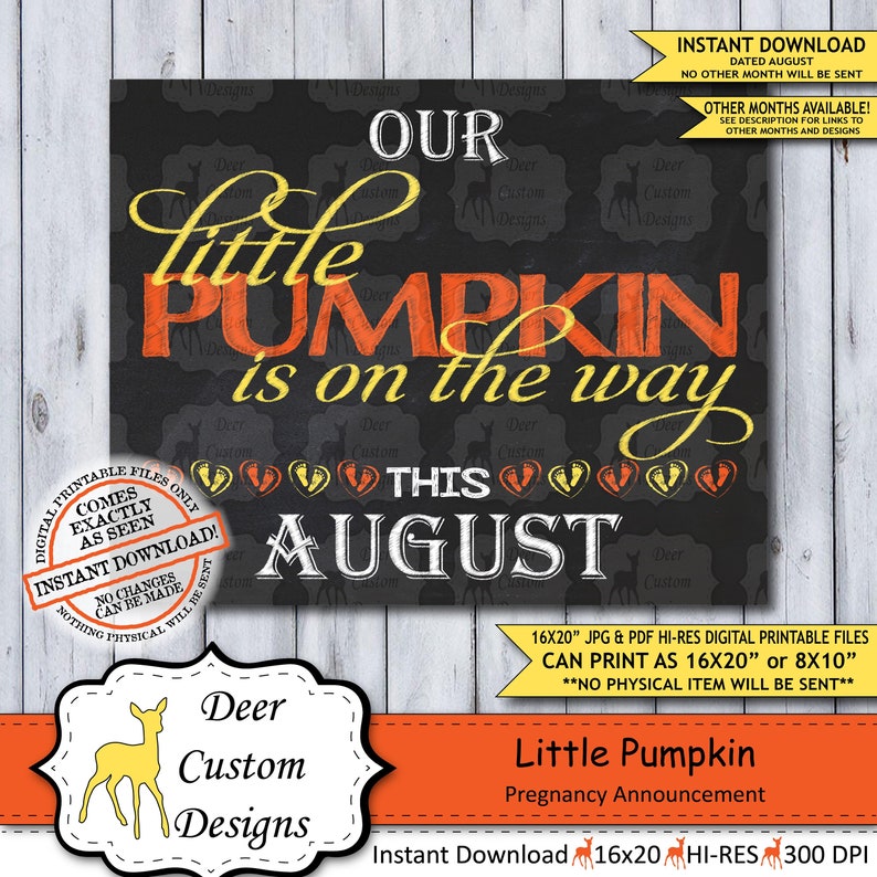 Little Pumpkin Chalkboard Pregnancy Announcement Photo Prop Fall Halloween Baby Reveal Printable Poster August Instant Download Sign image 1