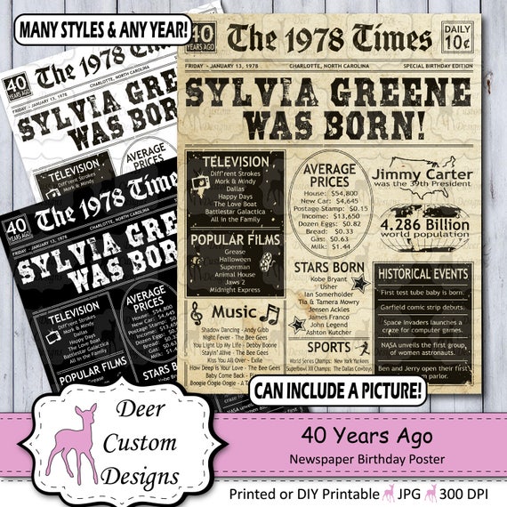 40th Birthday Poster | 40th Anniversary Poster | Newspaper Poster | 40 Years Ago | Birthday Sign | Anniversary Sign | Birthday Gift | 1978 Il_570xn
