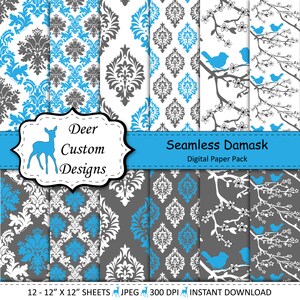 Damask Digital Paper Pack | 12 Blue Gray White Damask Digital Scrapbook Papers | Instant Download | Commercial Use | Damask Digital Paper