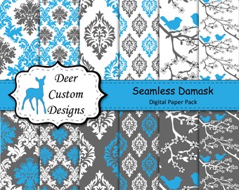 Damask Digital Paper Pack | 12 Blue Gray White Damask Digital Scrapbook Papers | Instant Download | Commercial Use | Damask Digital Paper